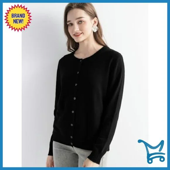 100% Pure Cashmere Cardigan Crew Neck Long Sleeve Knit Sweater